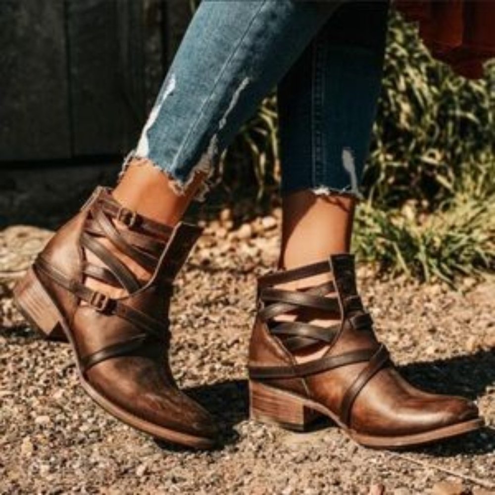 Freebird By Steven Strappy Stair Cognac Leather Spring Summer Booties Size 7